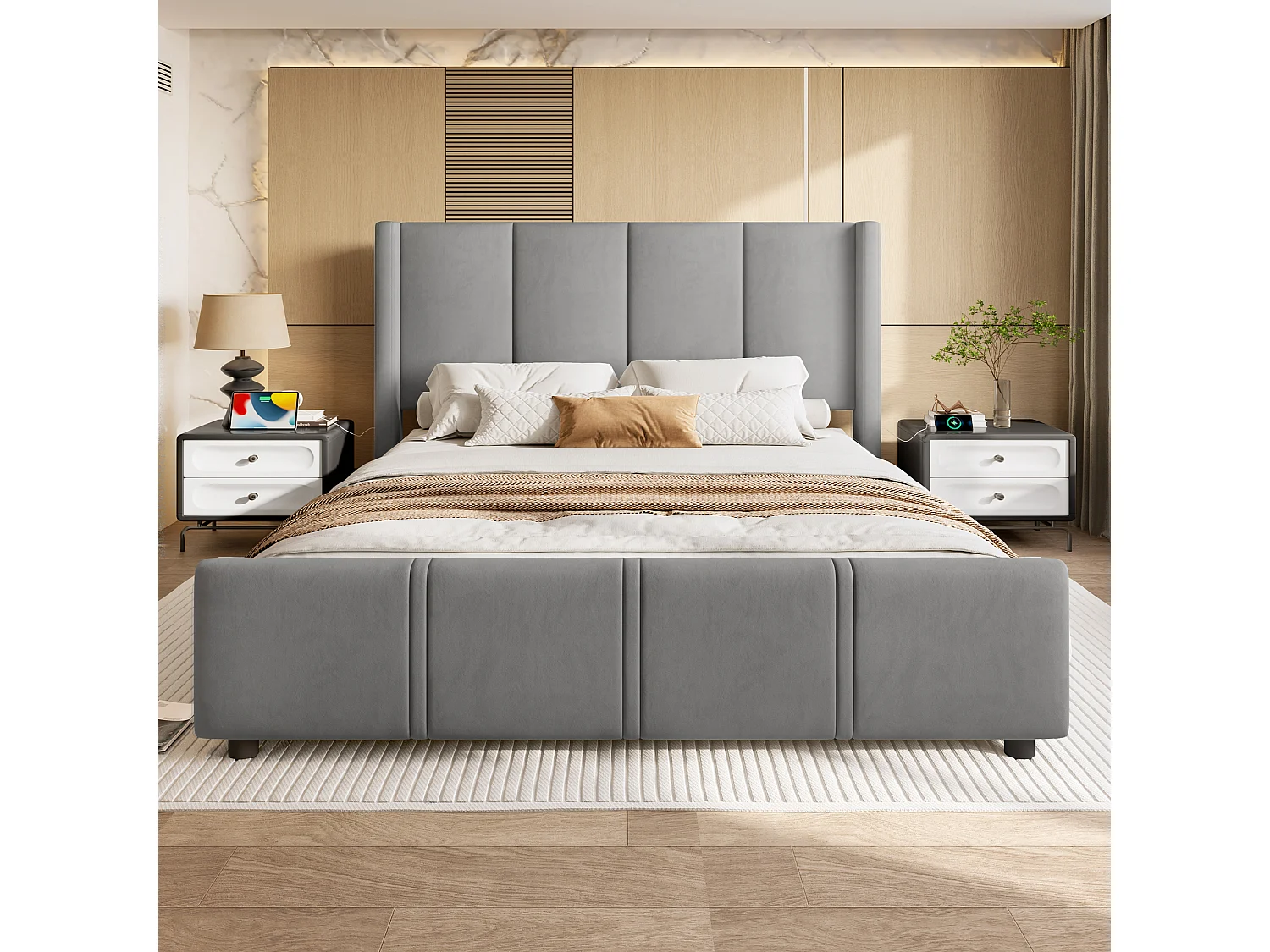 Cama de terciopelo con cabecero alto, USB/Tipo C, sistema de elevación hidráulico y amplio espacio de almacenaje (160 x 200 cm) – Gris
