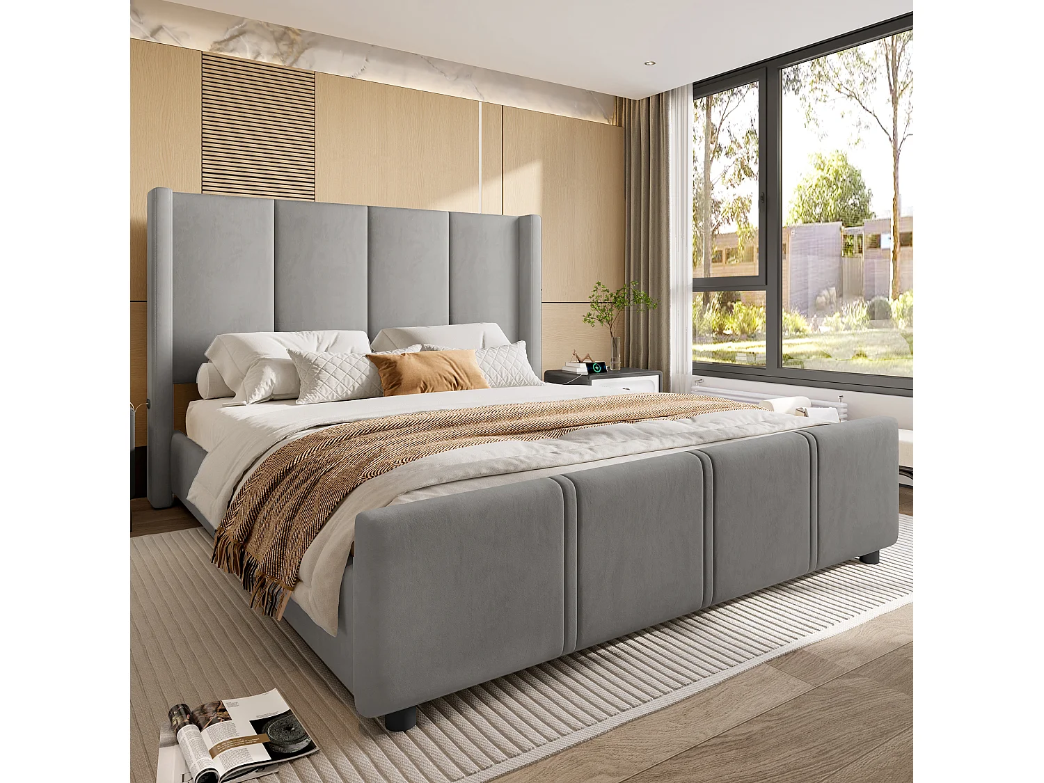 Cama de terciopelo con cabecero alto, USB/Tipo C, sistema de elevación hidráulico y amplio espacio de almacenaje (160 x 200 cm) – Gris