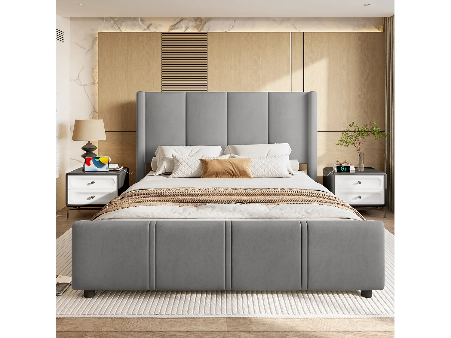 Cama de terciopelo con cabecero alto, USB/Tipo C, sistema de elevación hidráulico y amplio espacio de almacenaje (160 x 200 cm) – Gris