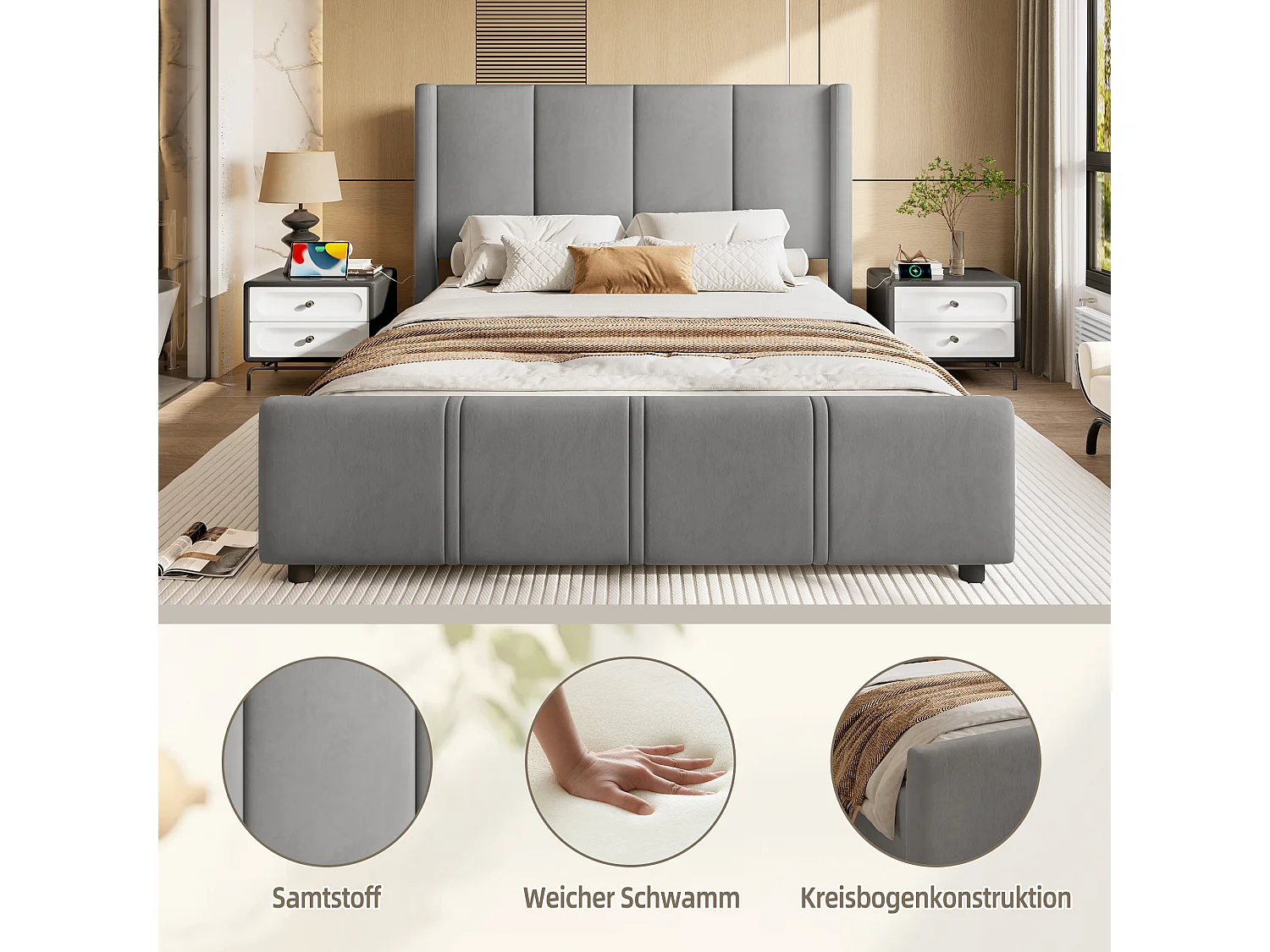 Cama de terciopelo con cabecero alto, USB/Tipo C, sistema de elevación hidráulico y amplio espacio de almacenaje (160 x 200 cm) – Gris
