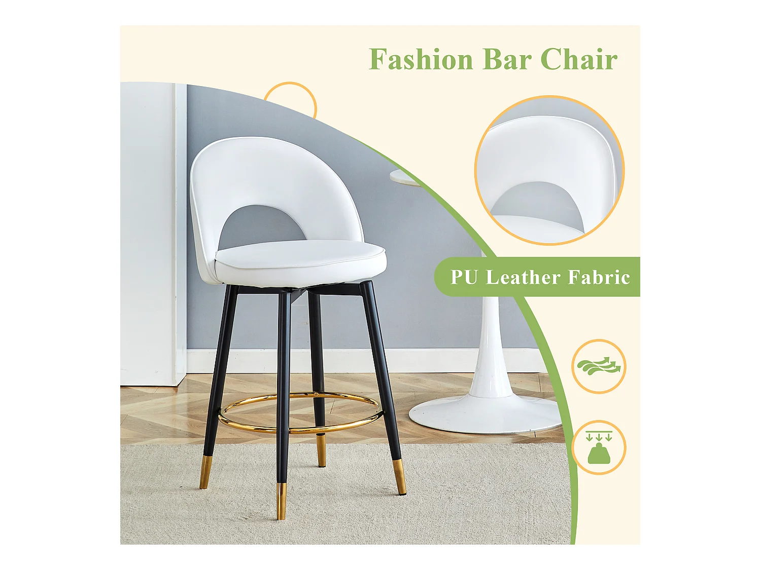 Sgabello da bar girevole a 360°, PU bianco, comfort ottimale, gambe in metallo dorato (48,2x43x91,5 cm)