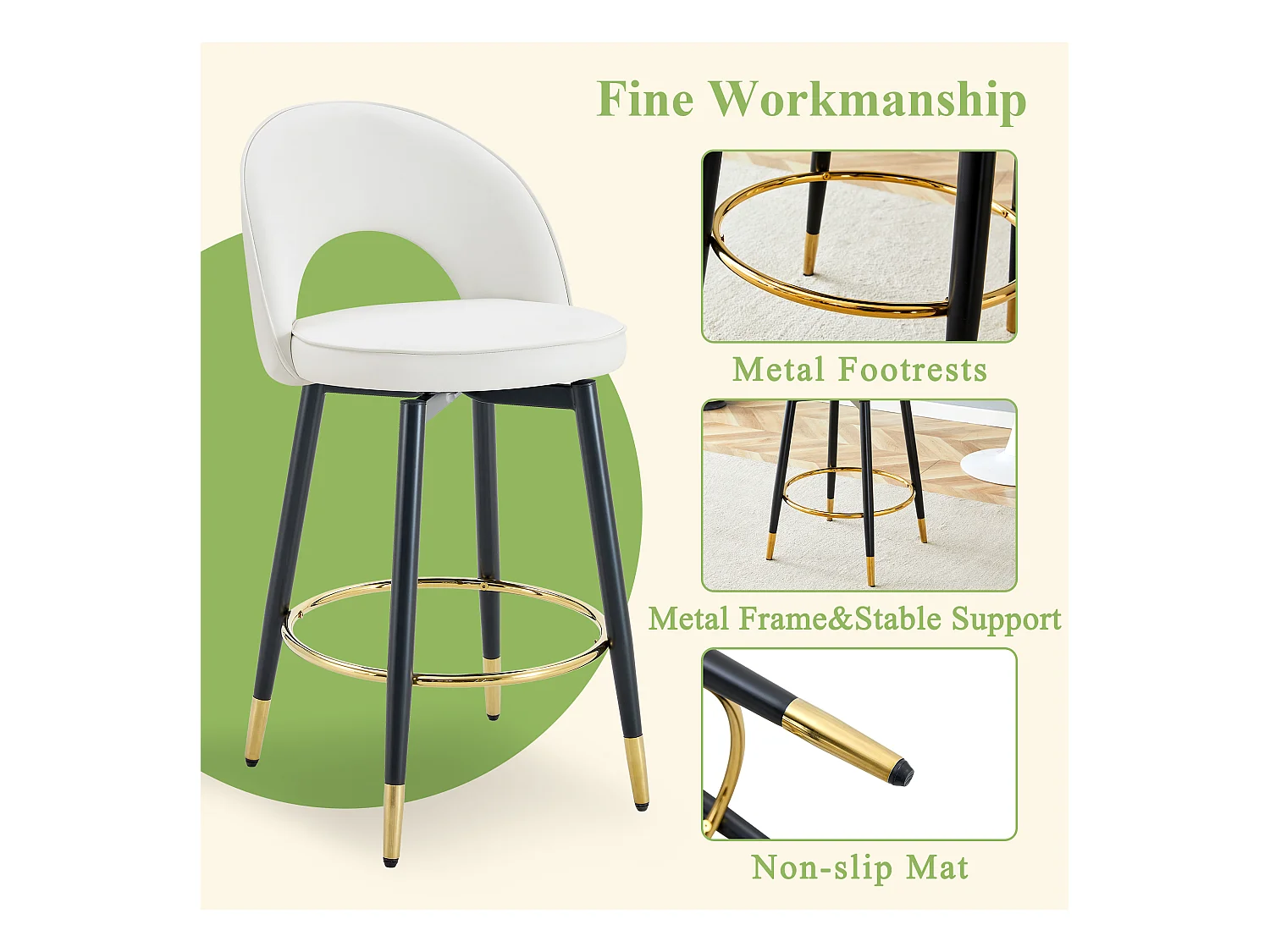 Sgabello da bar girevole a 360°, PU bianco, comfort ottimale, gambe in metallo dorato (48,2x43x91,5 cm)