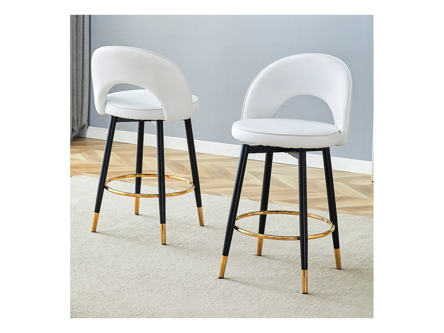 Tabouret de bar pivotant 360°, PU blanc, confort optimal, pieds métalliques dorés (48.2x43x91.5 cm)