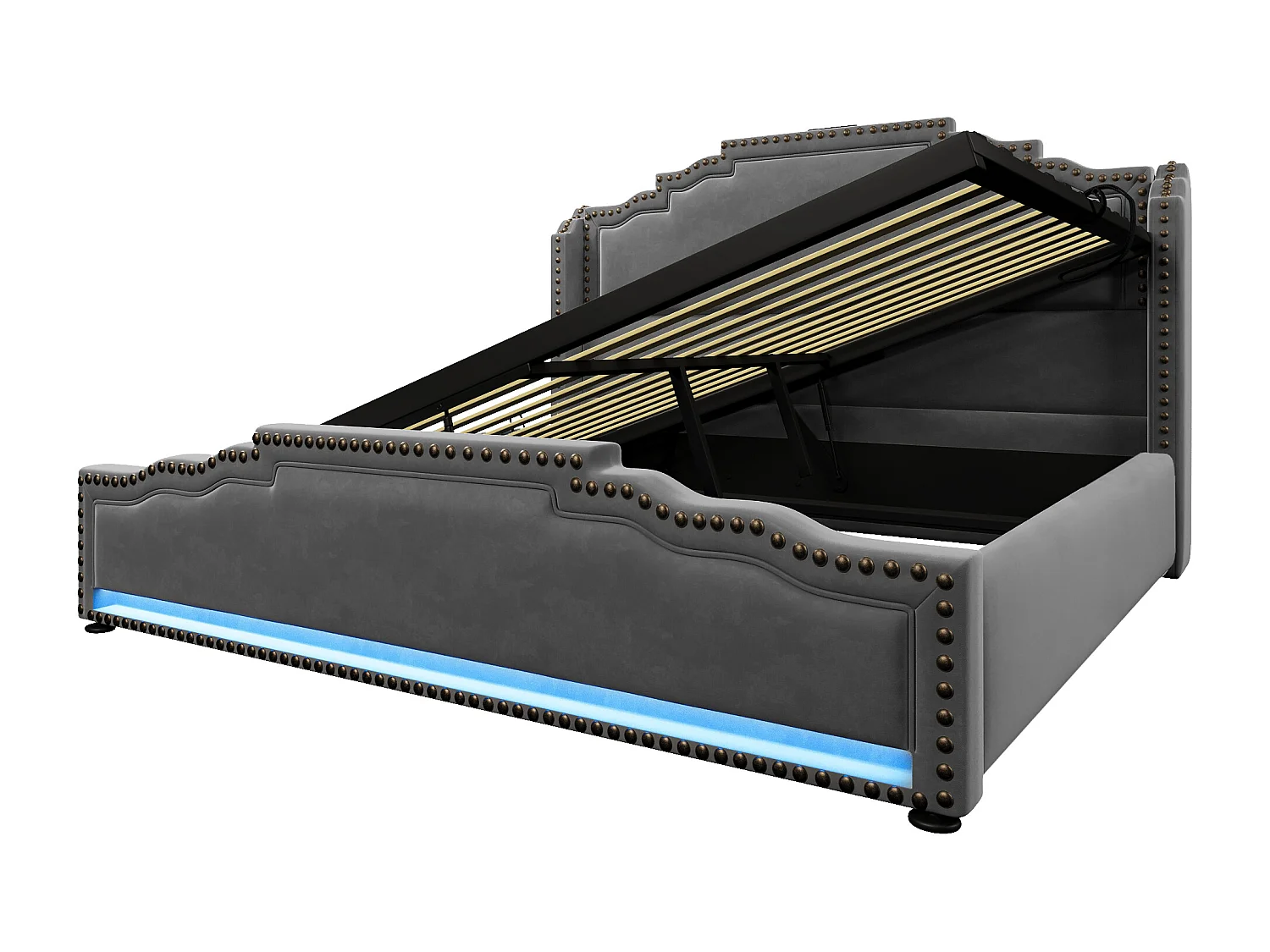 Tweepersoonsbed 140x200, met hydraulische opbergruimte, ledverlichting en USB-C-aansluiting, in grijs fluweel, met matras (213x150x120 cm)