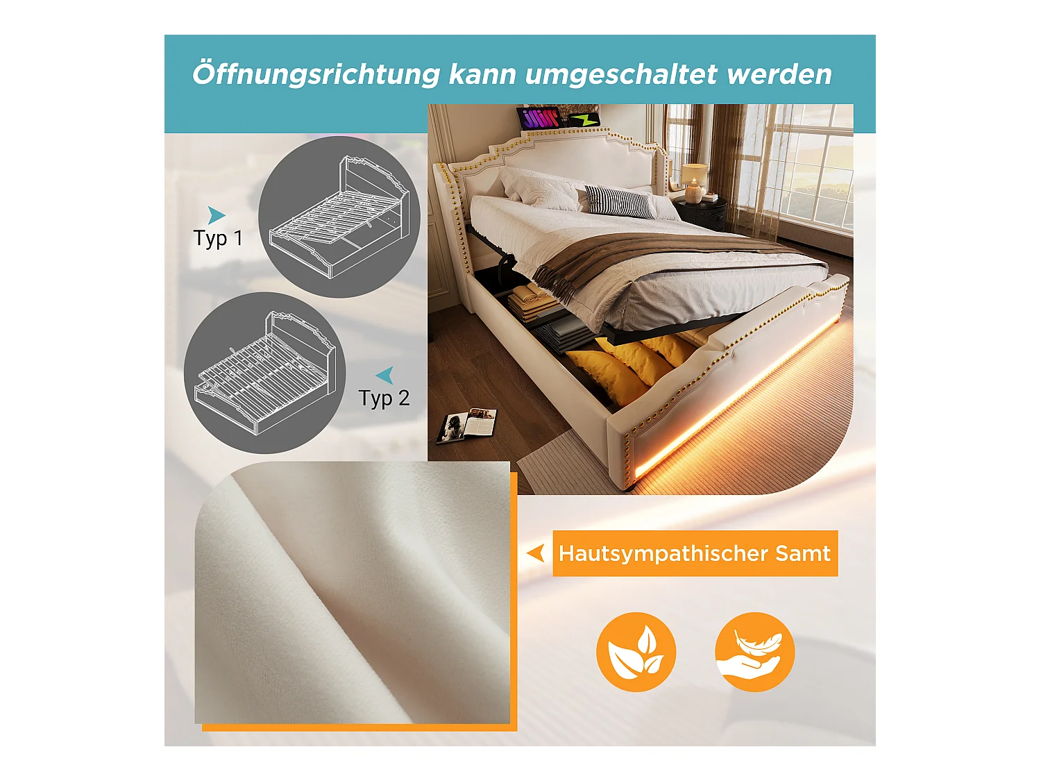 Lit double 140x200 avec espace de rangement hydraulique, éclairage LED et prise USB-C, en velours beige (213x150x120 cm)