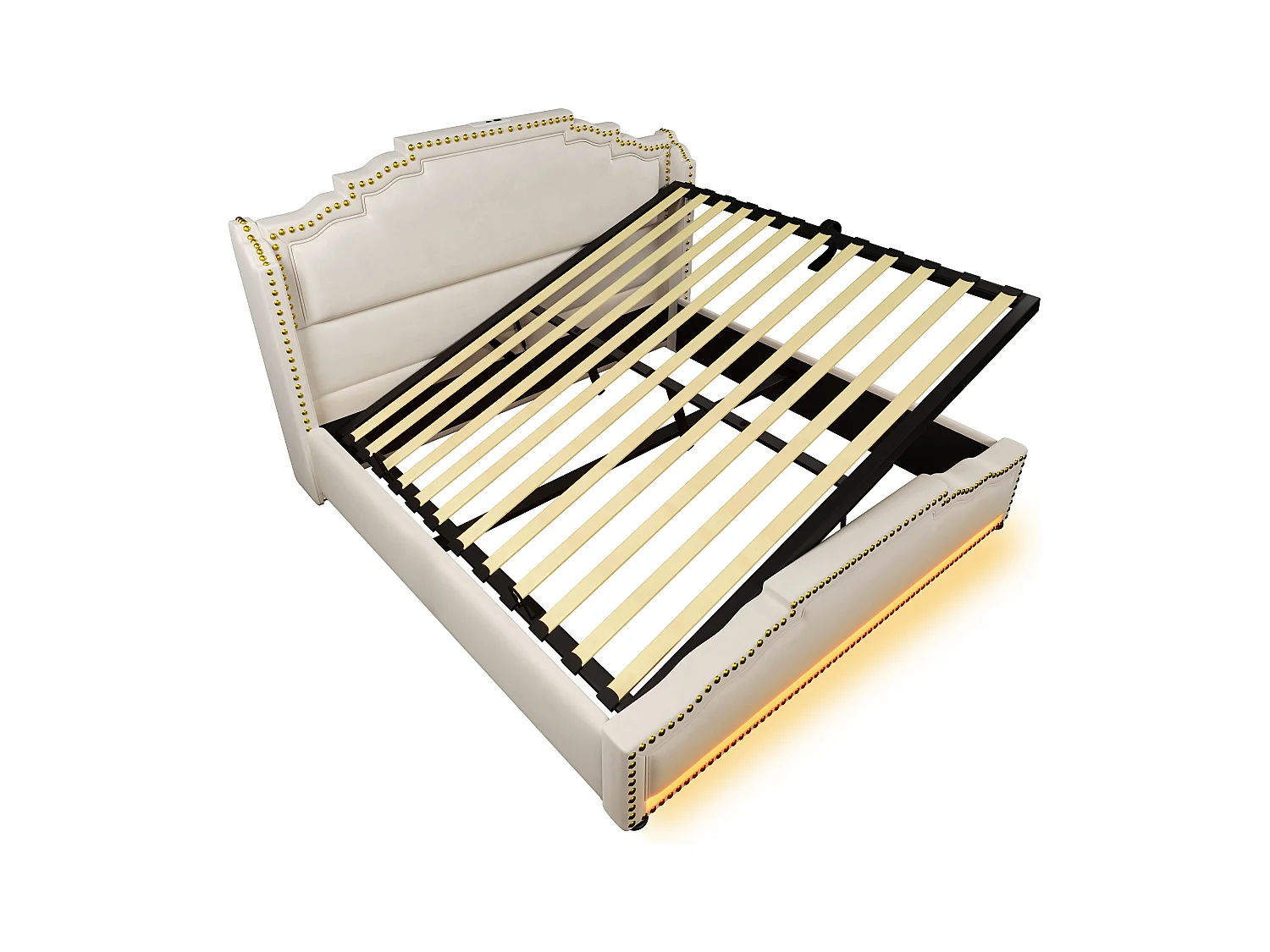 Lit double 140x200 avec espace de rangement hydraulique, éclairage LED et prise USB-C, en velours beige (213x150x120 cm)