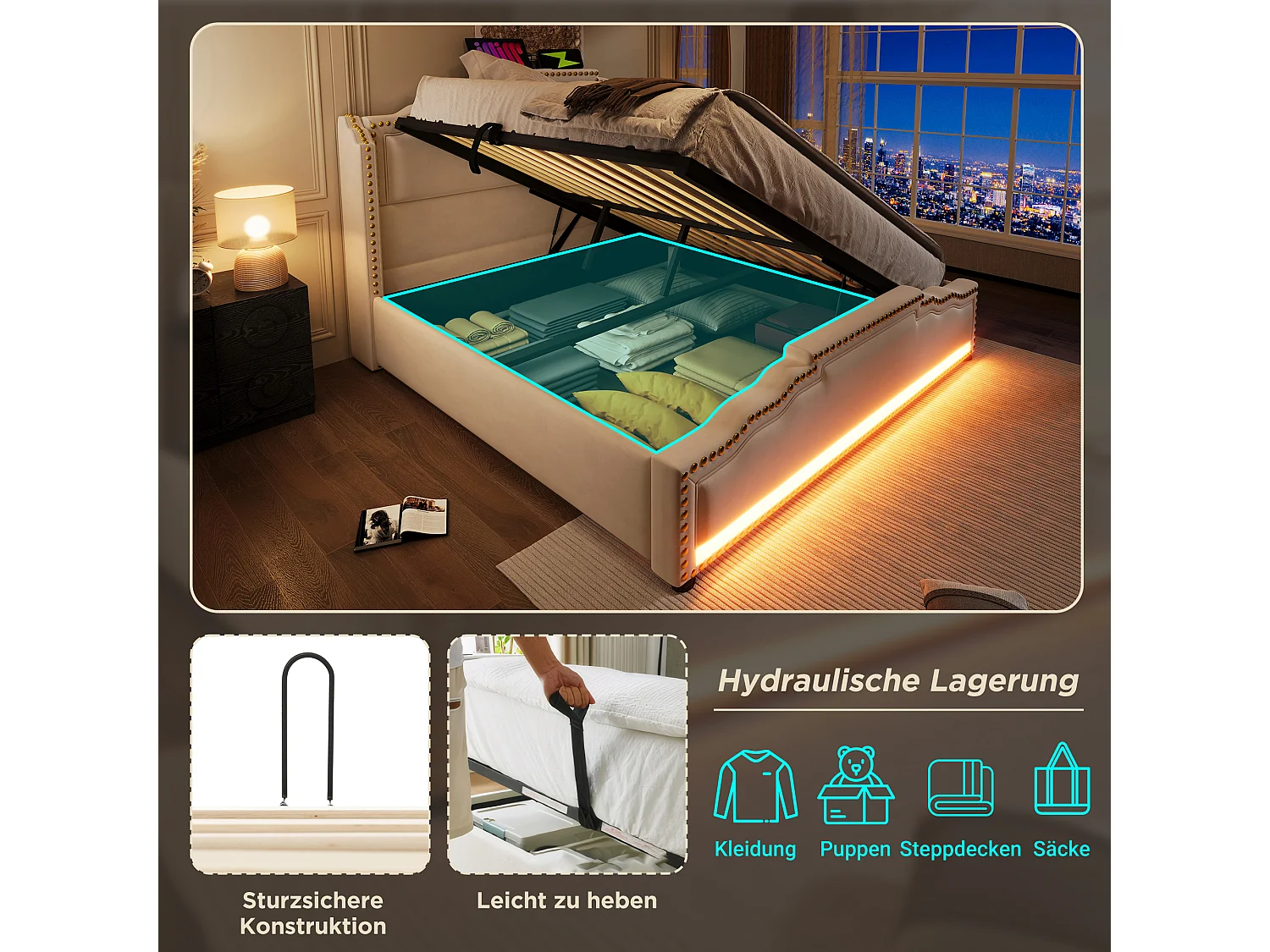 Lit double 140x200 avec espace de rangement hydraulique, éclairage LED et prise USB-C, en velours beige (213x150x120 cm)