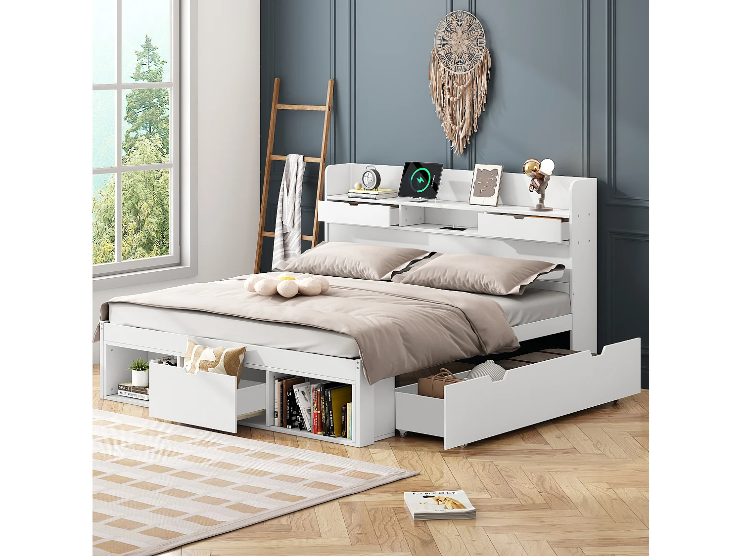 Lit double, 140x200cm, avec port USB & tiroirs & espace de rangement, multifonctionnel, bois de pin, blanc (L140xP200xH60cm)