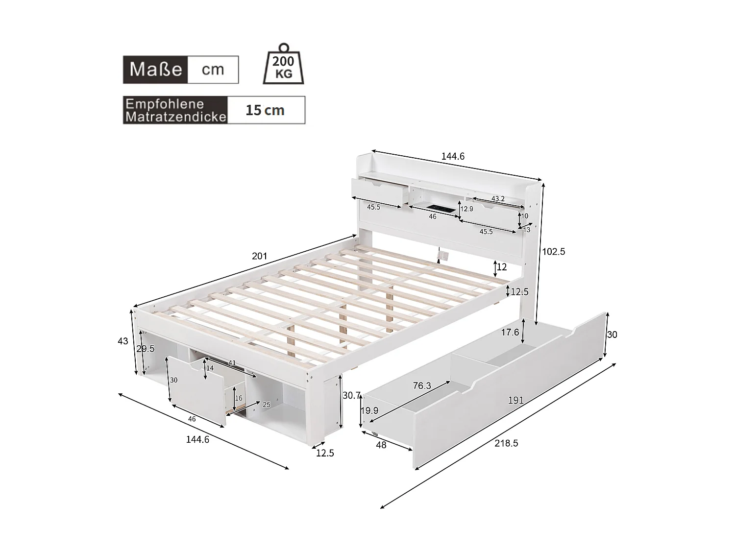 Lit double, 140x200cm, avec port USB & tiroirs & espace de rangement, multifonctionnel, bois de pin, blanc (L140xP200xH60cm)