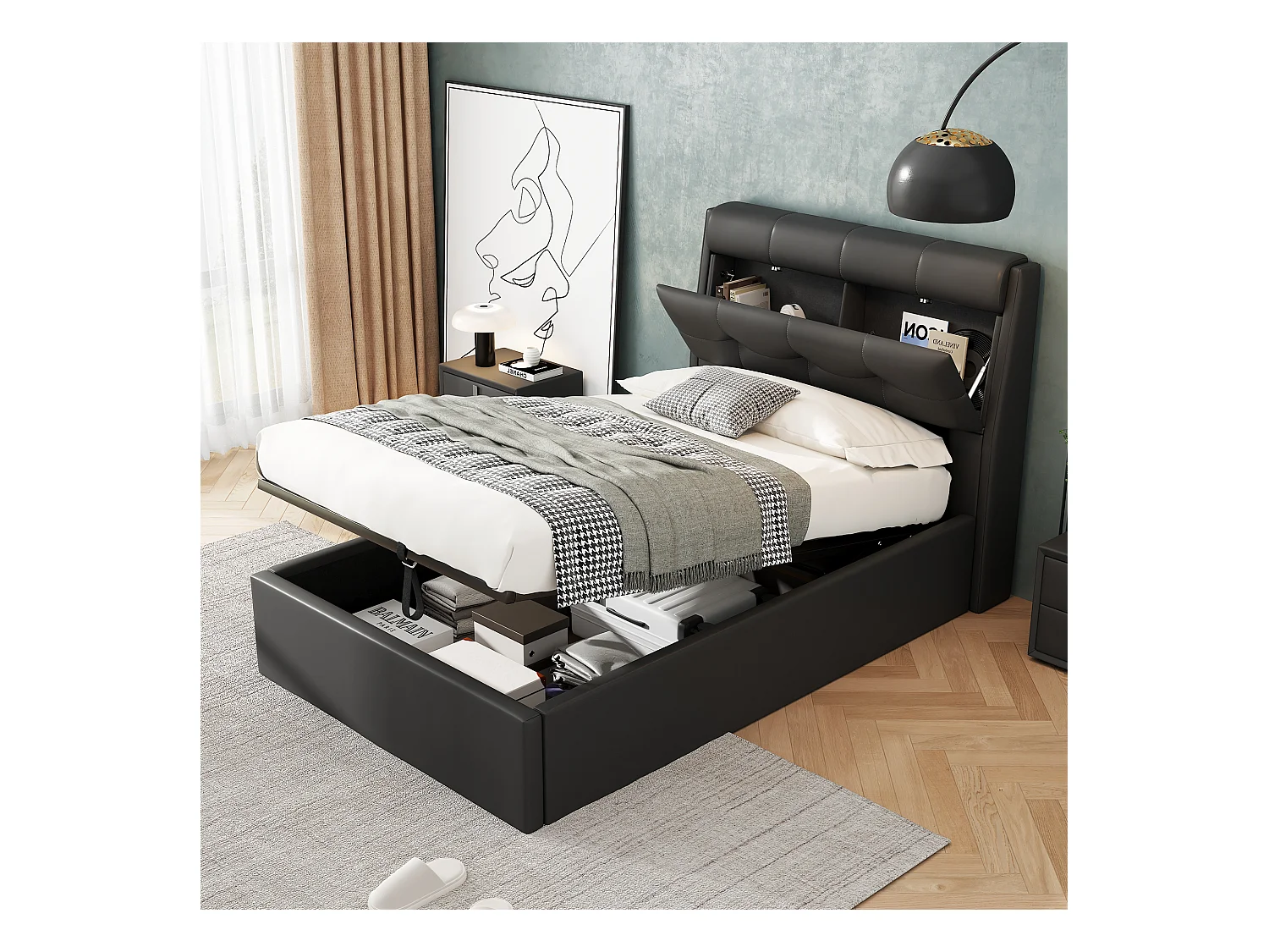 Lit hydraulique avec rangement caché, PU, noir, avec sommier à lattes (196.8x30.5x17.7 cm)