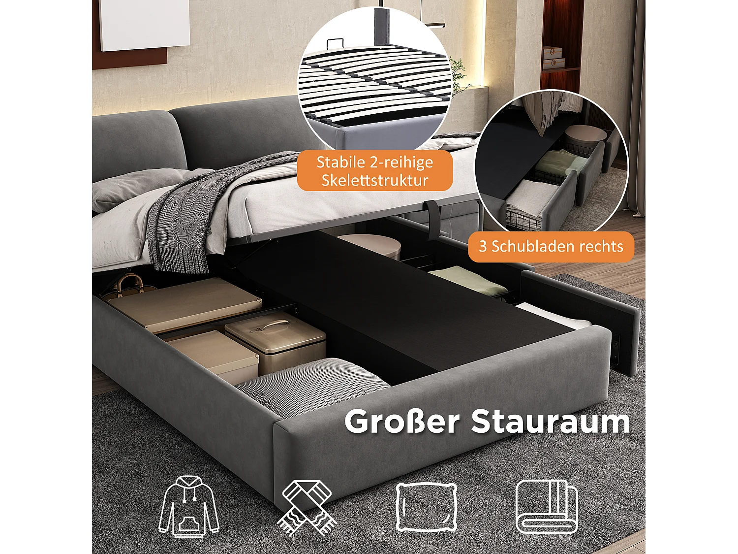 Lit avec coffre de rangement hydraulique, 140x200 cm, trois tiroirs, tissu en velours, gris (longueur 198x largeur 31x hauteur 15 cm)