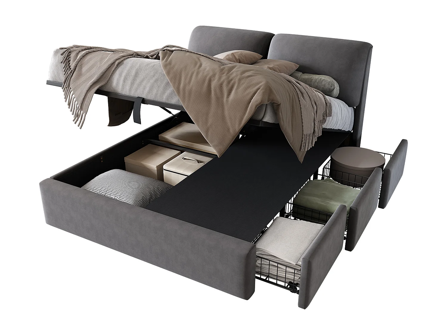 Lit avec coffre de rangement hydraulique, 140x200 cm, trois tiroirs, tissu en velours, gris (longueur 198x largeur 31x hauteur 15 cm)