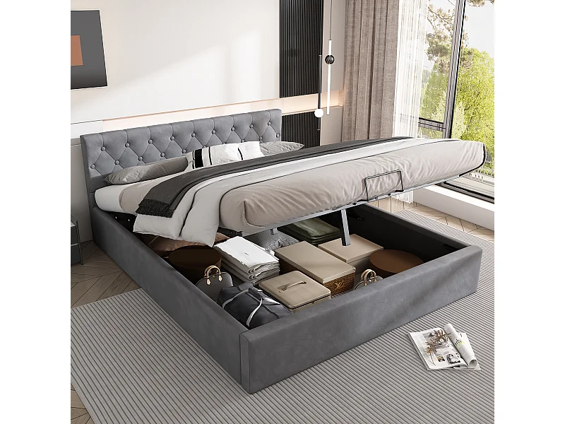 Gestoffeerd fluwelen bed, 140x200cm, hoofdbord met knopen, hydraulisch bed met opbergruimte, grijs (L140xP200xH50cm)