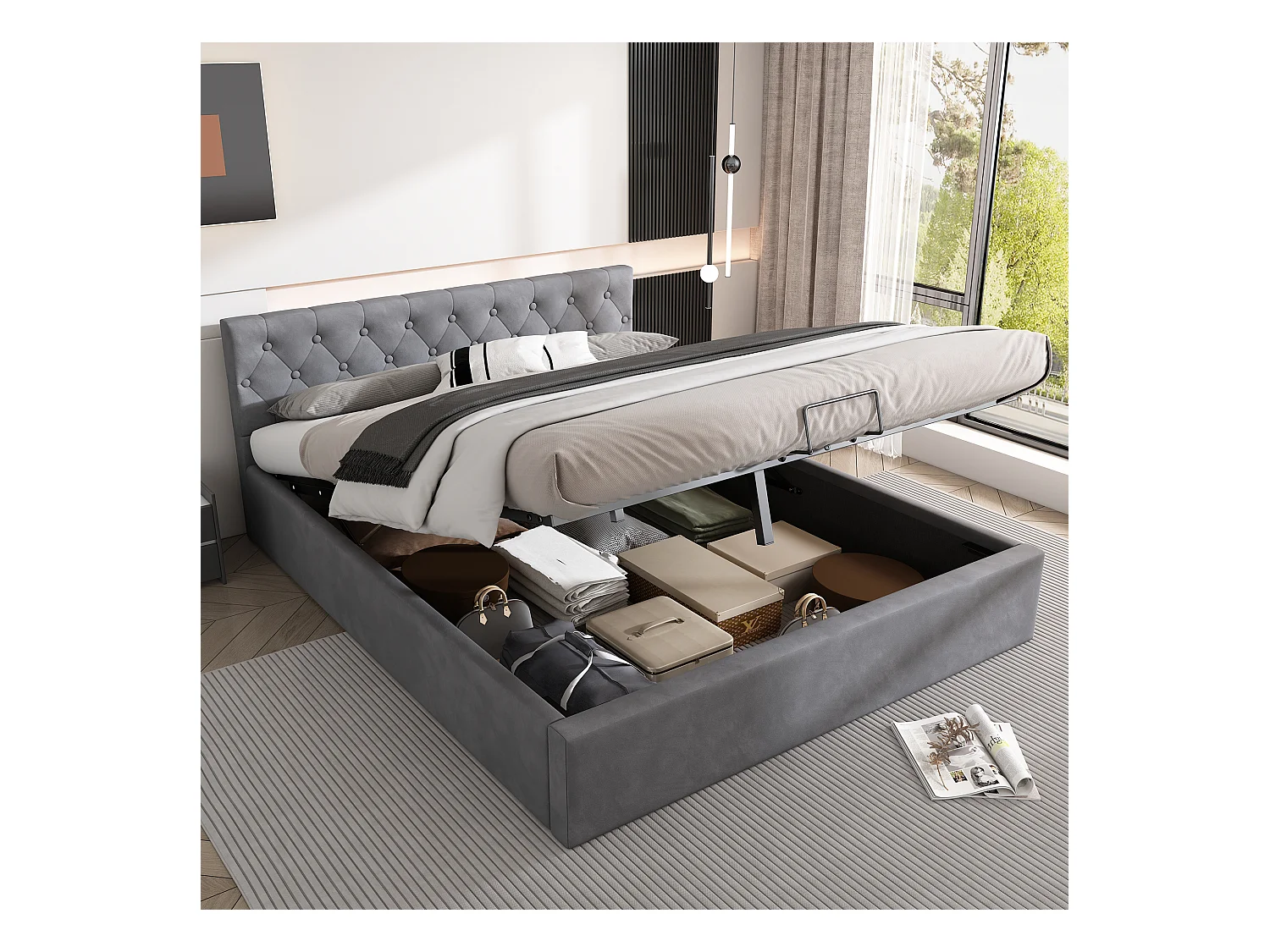 Gestoffeerd fluwelen bed, 140x200cm, hoofdbord met knopen, hydraulisch bed met opbergruimte, grijs (L140xP200xH50cm)