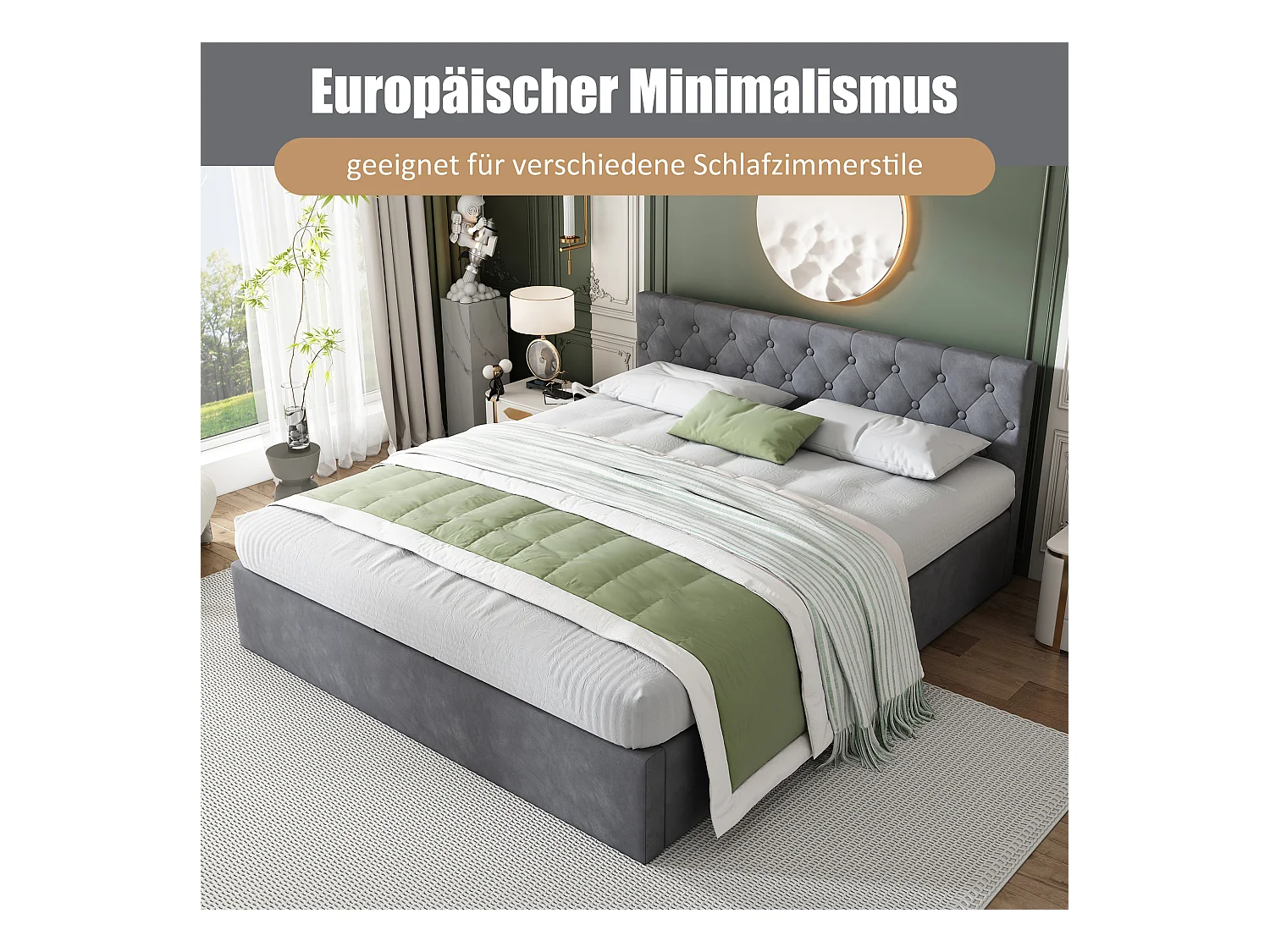 Gestoffeerd fluwelen bed, 140x200cm, hoofdbord met knopen, hydraulisch bed met opbergruimte, grijs (L140xP200xH50cm)