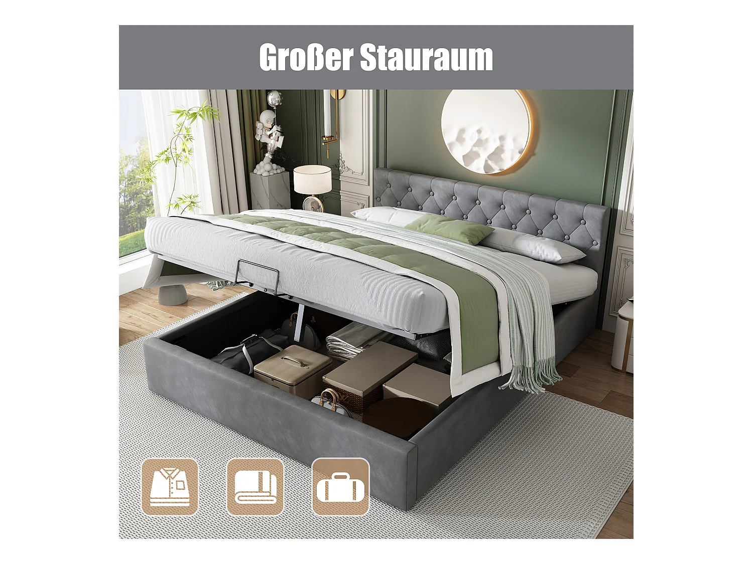 Gestoffeerd fluwelen bed, 140x200cm, hoofdbord met knopen, hydraulisch bed met opbergruimte, grijs (L140xP200xH50cm)