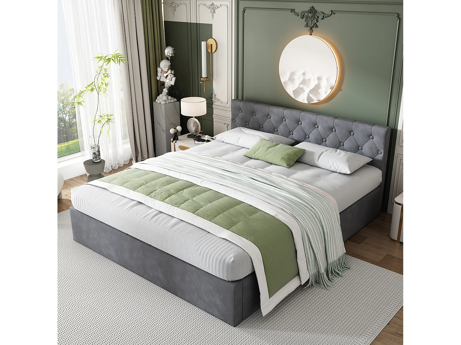 Gestoffeerd fluwelen bed, 140x200cm, hoofdbord met knopen, hydraulisch bed met opbergruimte, grijs (L140xP200xH50cm)