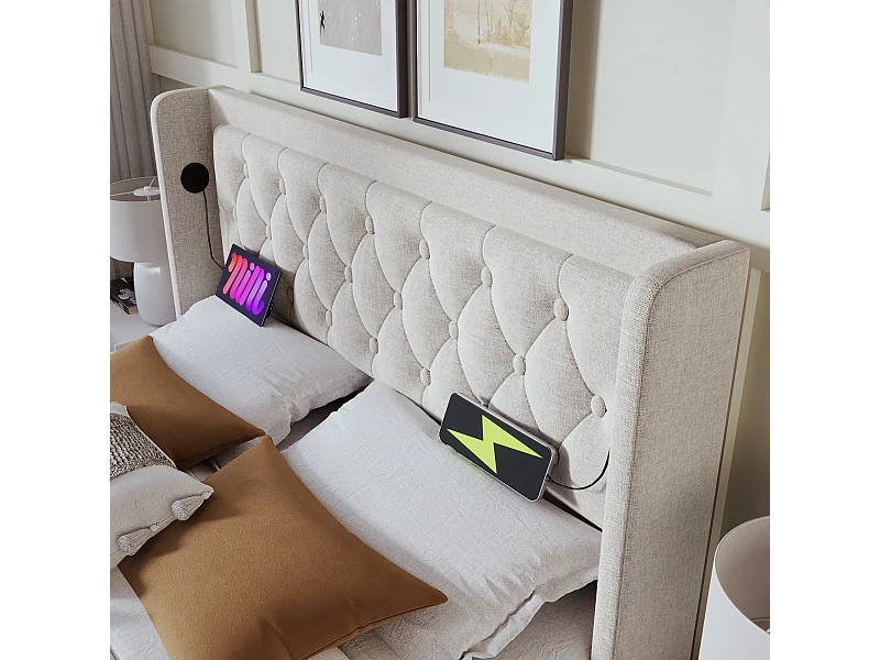 Lit avec rangement sous le lit, tête de lit design classique, éclairage LED, métal, tissu beige ou gris (90x200x40 cm)