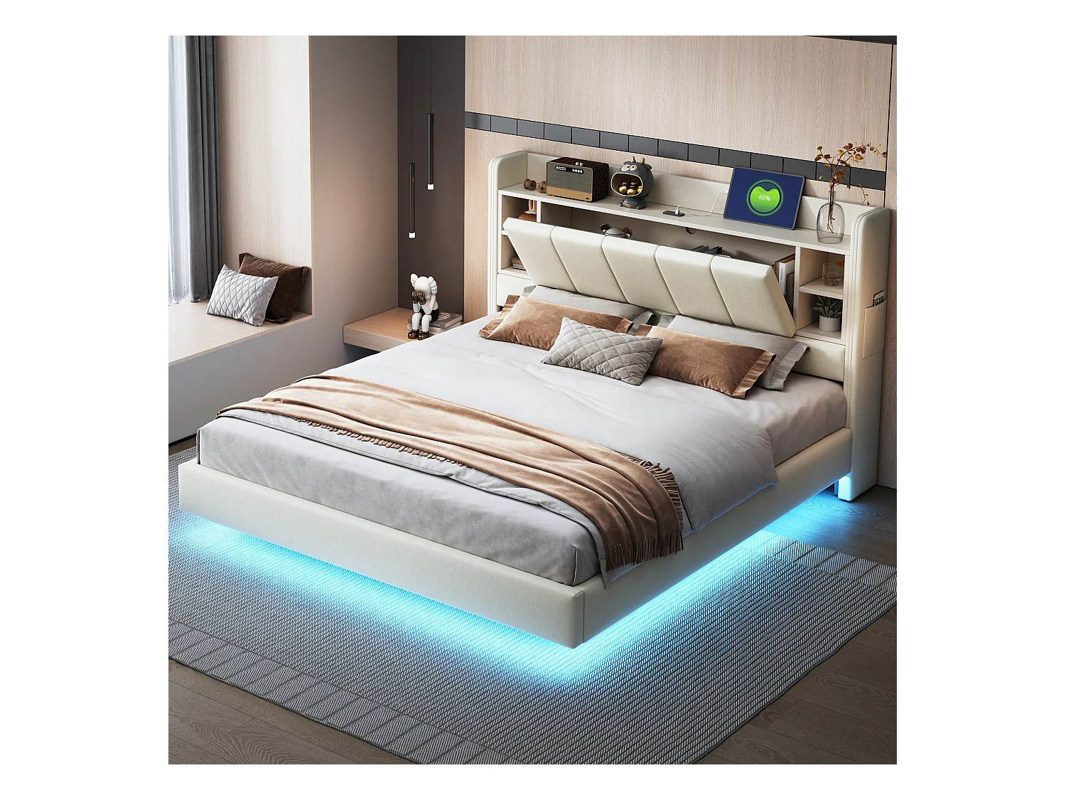 Leren bed, 160x200 cm met USB, lichtstrip, omkeerbaar hoofdbord met planken en opbergruimte (214,5x165x114 cm)
