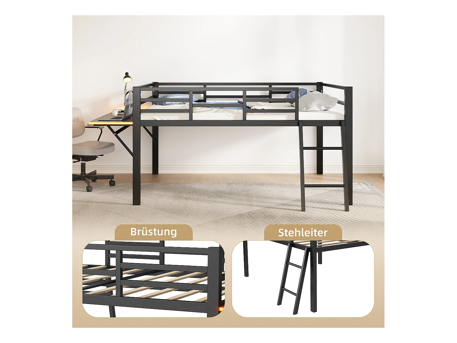 Lit plat, 140x200 cm, lit en métal avec bureau, sans matelas, garde-corps, échelle, bande LED télécommandée, noir (244x144x100 cm)