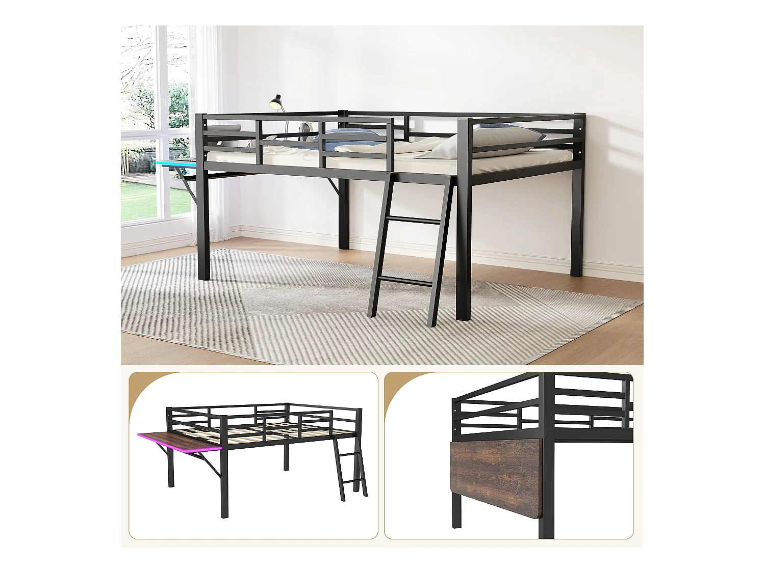 Lit plat, 140x200 cm, lit en métal avec bureau, sans matelas, garde-corps, échelle, bande LED télécommandée, noir (244x144x100 cm)