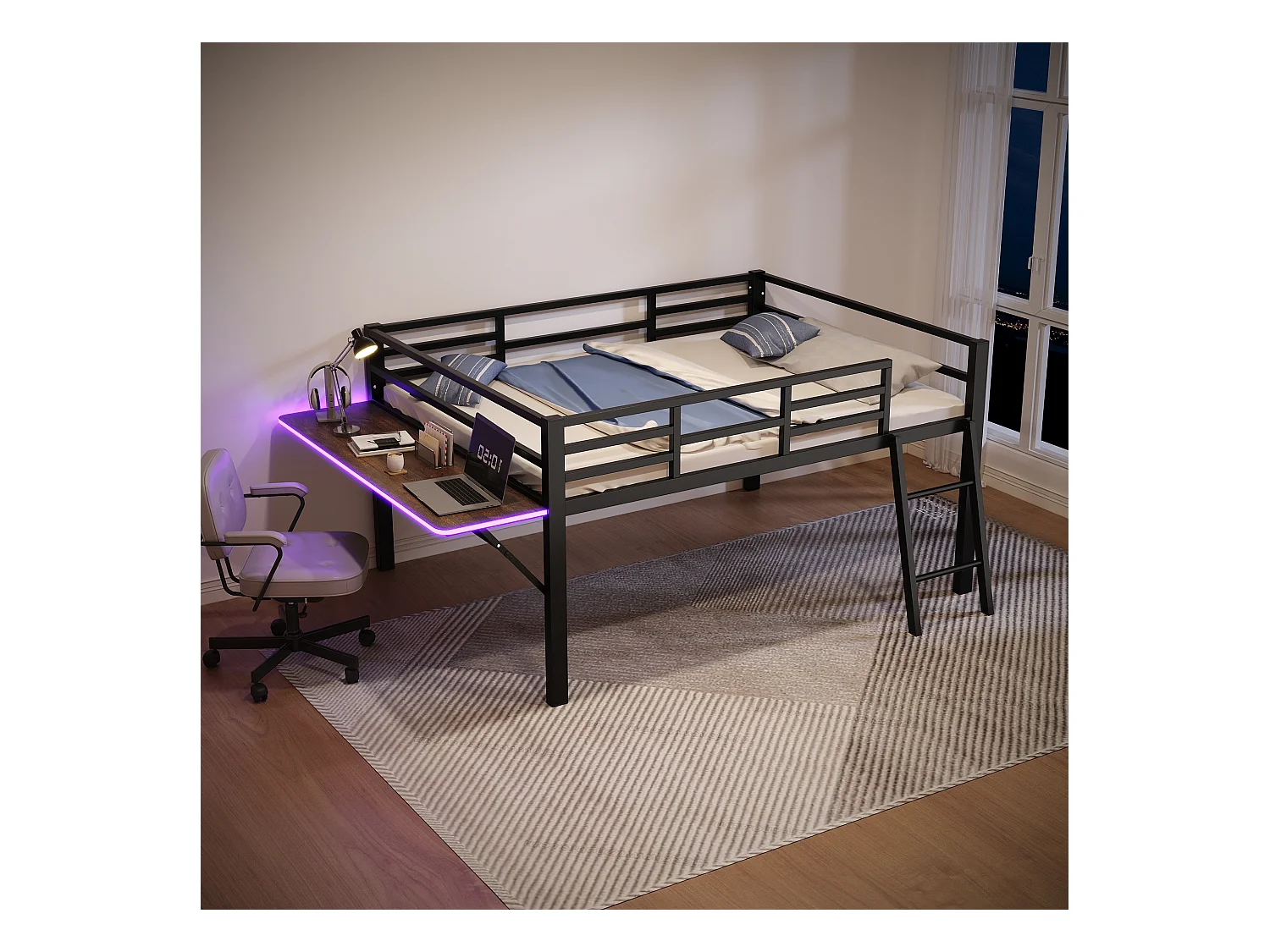Lit plat, 140x200 cm, lit en métal avec bureau, sans matelas, garde-corps, échelle, bande LED télécommandée, noir (244x144x100 cm)