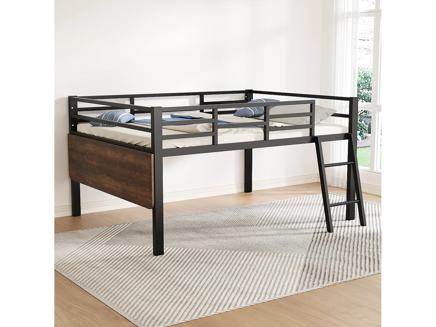 Lit plat, 140x200 cm, lit en métal avec bureau, sans matelas, garde-corps, échelle, bande LED télécommandée, noir (244x144x100 cm)