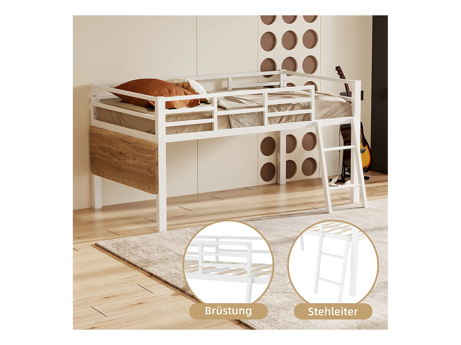 Metalen bed 90 x 200 cm met bureau en LED, zonder matras, ladder, leuning en afstandsbediening sfeerverlichting, wit (244x94x100 cm)