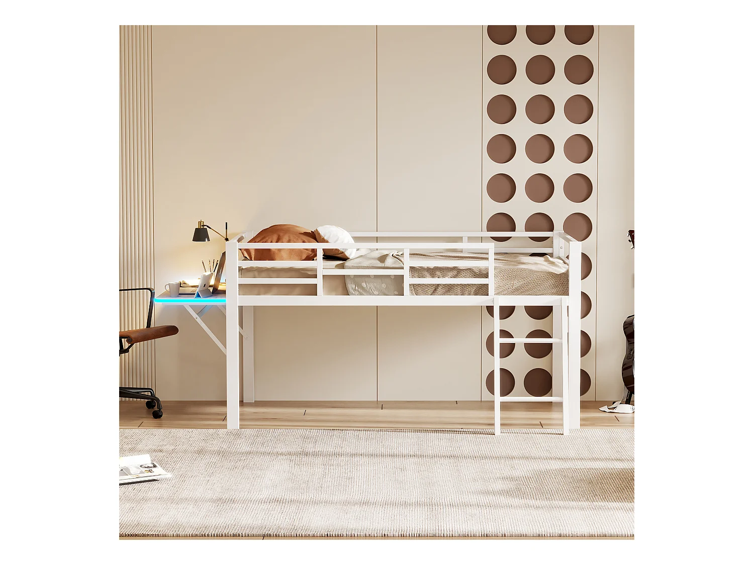 Metalen bed 90 x 200 cm met bureau en LED, zonder matras, ladder, leuning en afstandsbediening sfeerverlichting, wit (244x94x100 cm)