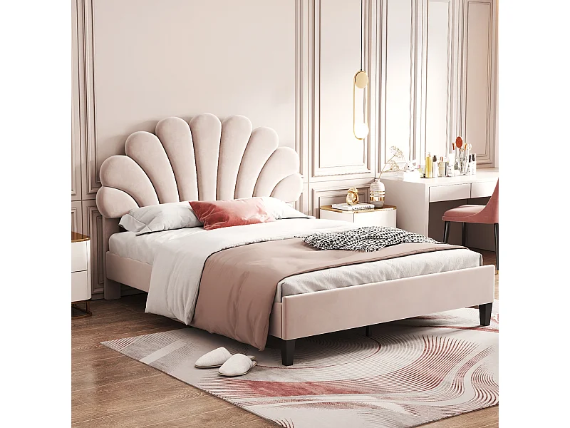 Lit 140 x 200 cm, Tête de Lit en Forme de Fleur, Cadre en Bois, Tissu Velours Beige (206 x 150 x 110.5 cm)