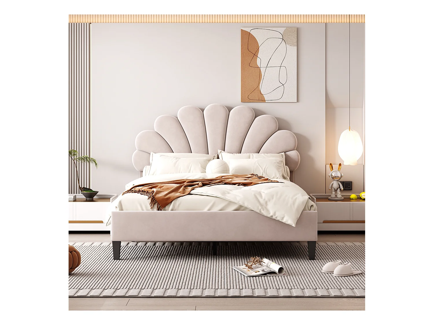 Lit 140 x 200 cm, Tête de Lit en Forme de Fleur, Cadre en Bois, Tissu Velours Beige (206 x 150 x 110.5 cm)