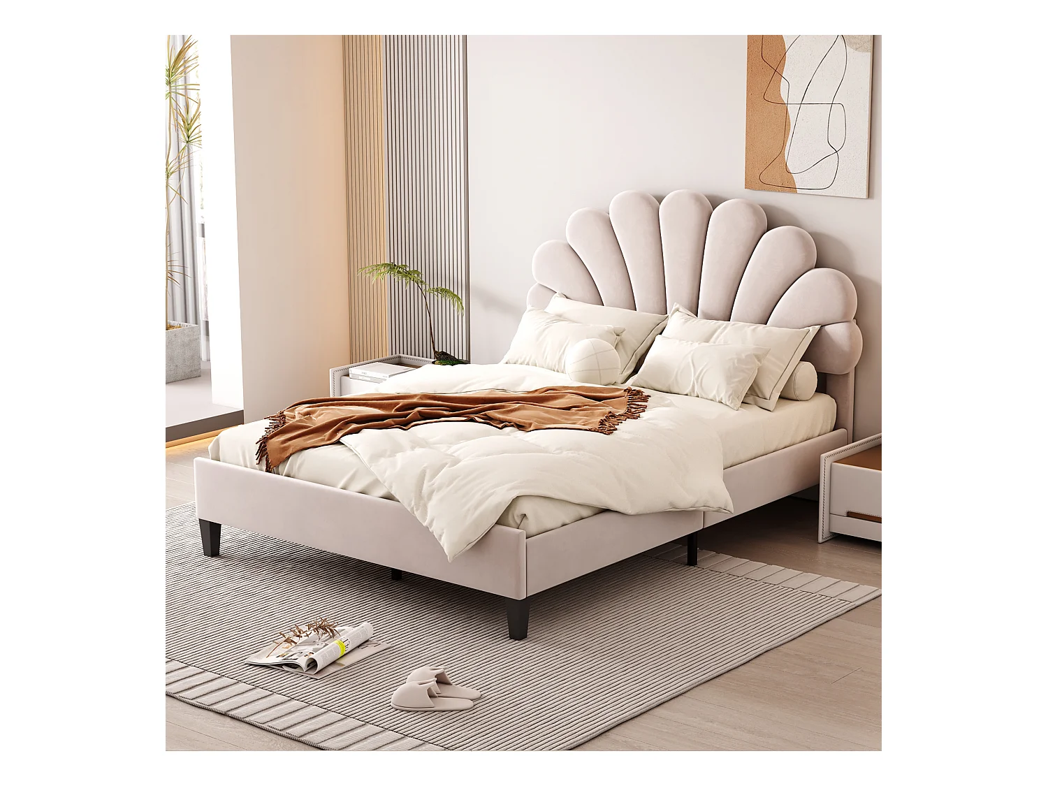 Lit 140 x 200 cm, Tête de Lit en Forme de Fleur, Cadre en Bois, Tissu Velours Beige (206 x 150 x 110.5 cm)