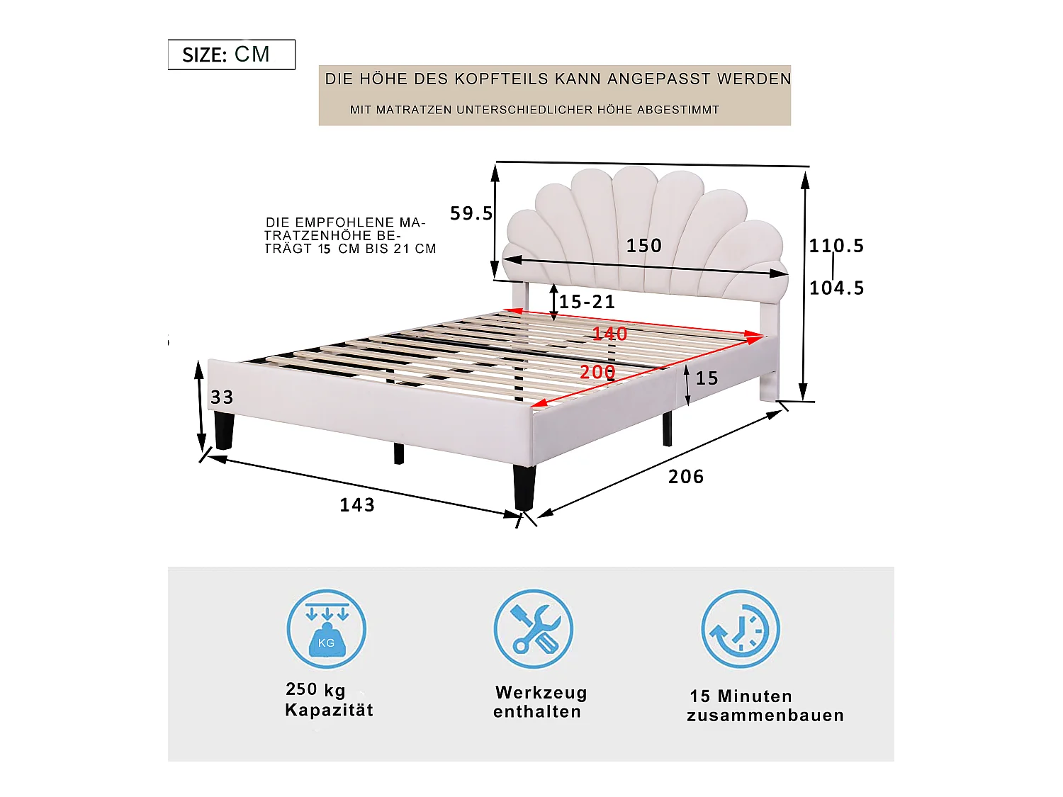Lit 140 x 200 cm, Tête de Lit en Forme de Fleur, Cadre en Bois, Tissu Velours Beige (206 x 150 x 110.5 cm)