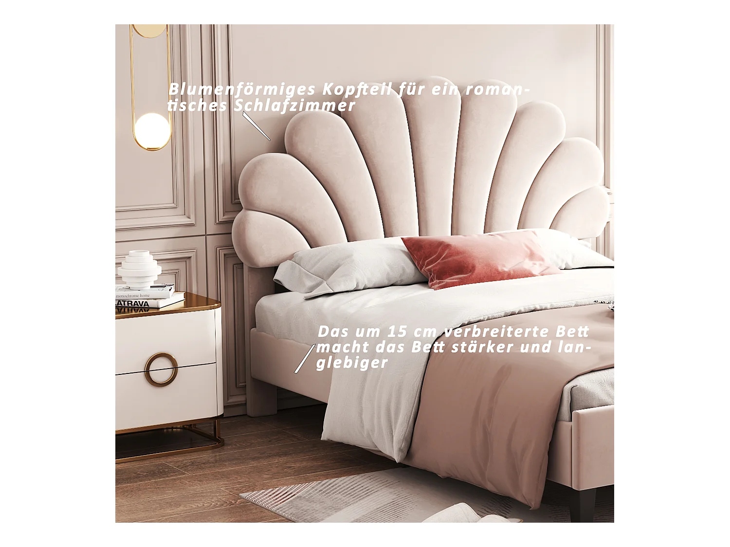 Lit 140 x 200 cm, Tête de Lit en Forme de Fleur, Cadre en Bois, Tissu Velours Beige (206 x 150 x 110.5 cm)