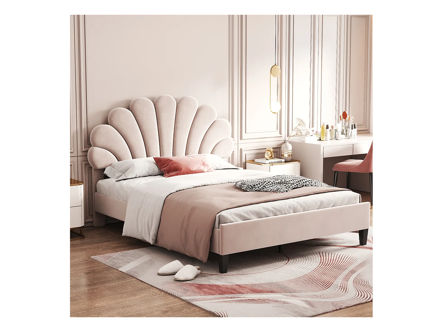 Lit 140 x 200 cm, Tête de Lit en Forme de Fleur, Cadre en Bois, Tissu Velours Beige (206 x 150 x 110.5 cm)