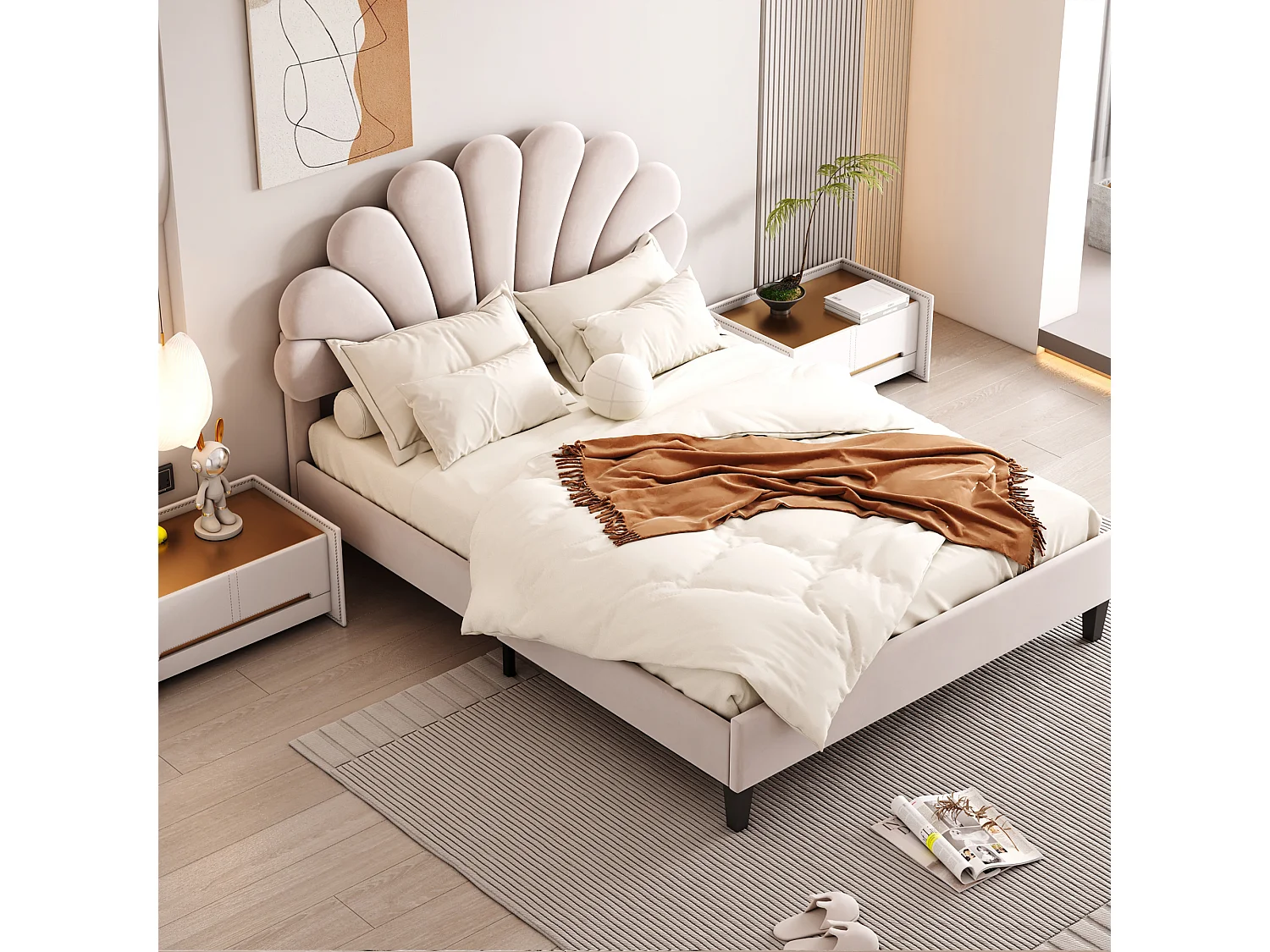 Bed 140 x 200 cm, bloemvormig hoofdeinde, houten frame, beige fluwelen stof (206 x 150 x 110,5 cm)