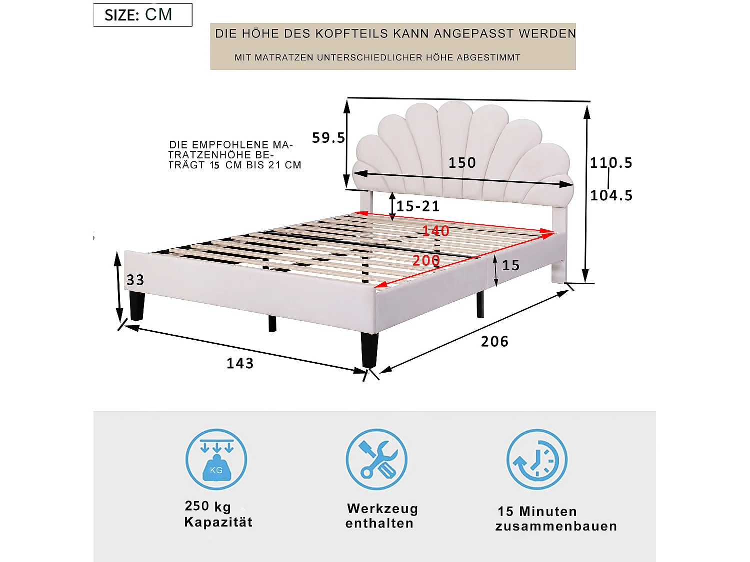 Bed 140 x 200 cm, bloemvormig hoofdeinde, houten frame, beige fluwelen stof (206 x 150 x 110,5 cm)