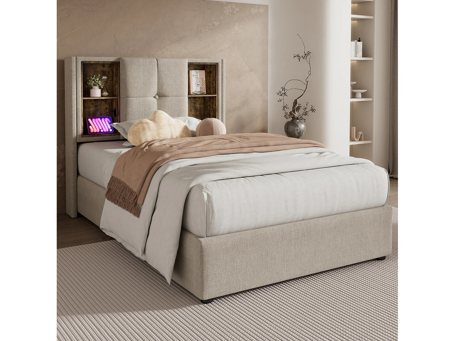 Lit avec Charge Sans Fil USB-C, Lit Simple 90x200 cm, Tissu Lin Naturel, Rangement Hydraulique, Lattenrost en Bois (206x95x100.5 cm)