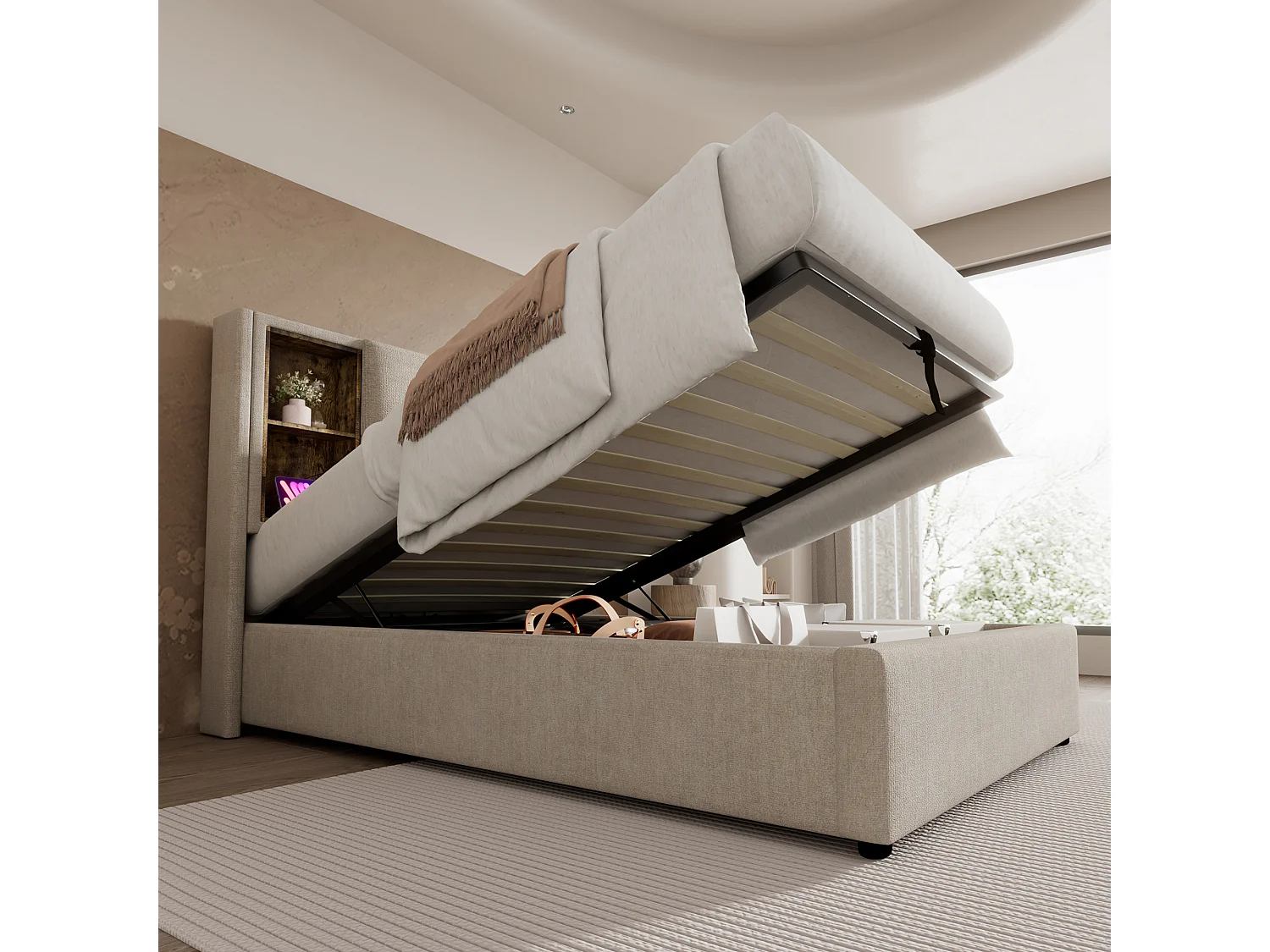 Lit avec Charge Sans Fil USB-C, Lit Simple 90x200 cm, Tissu Lin Naturel, Rangement Hydraulique, Lattenrost en Bois (206x95x100.5 cm)