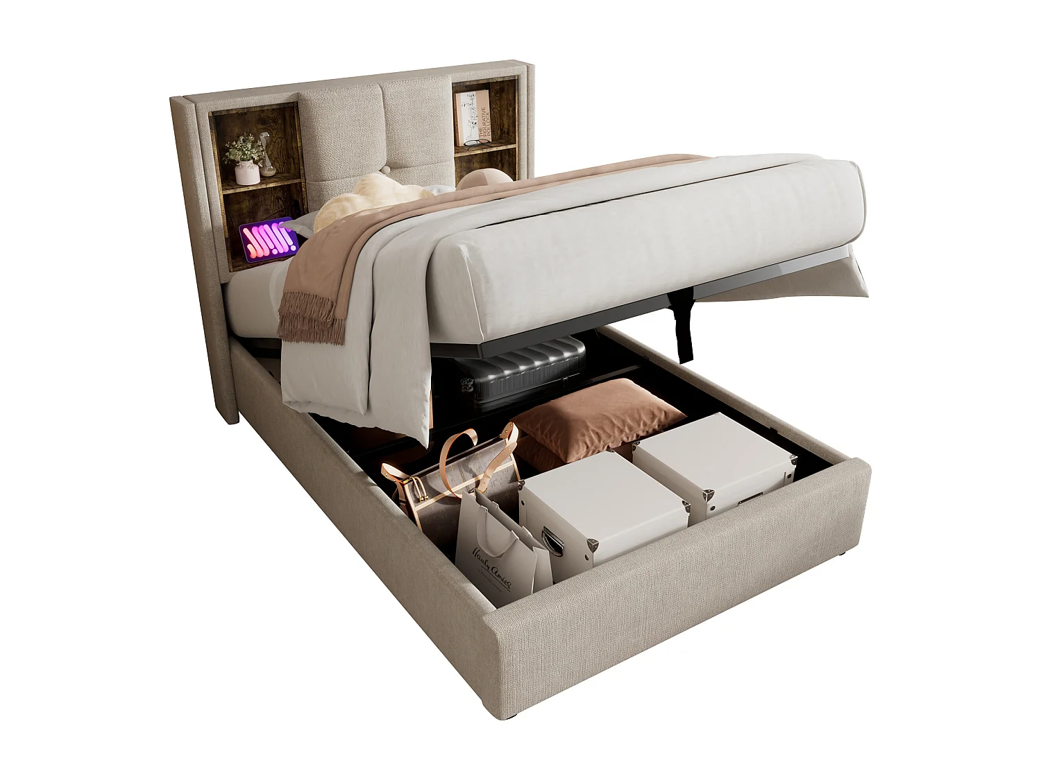 Lit avec Charge Sans Fil USB-C, Lit Simple 90x200 cm, Tissu Lin Naturel, Rangement Hydraulique, Lattenrost en Bois (206x95x100.5 cm)