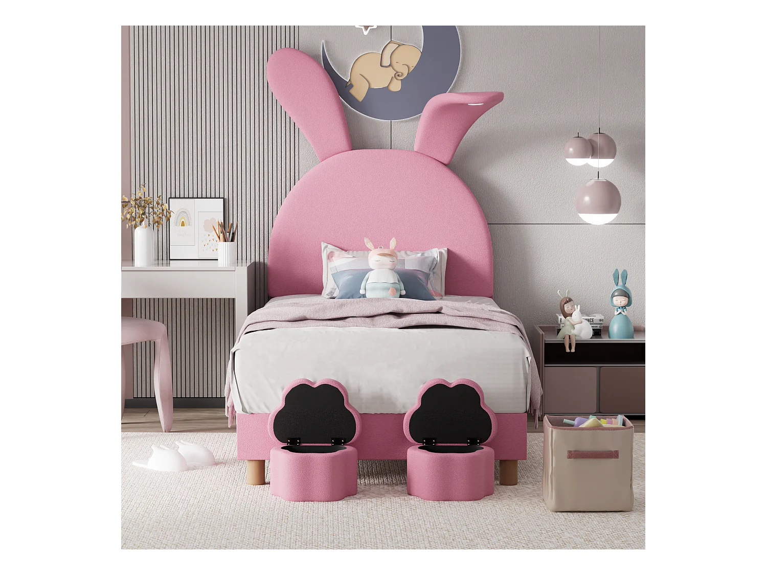 Cama con almacenaje 90x200, 2 pufs, iluminación LED, cabezales abatibles, en terciopelo rosa (90x203,5x145/151,5 cm)