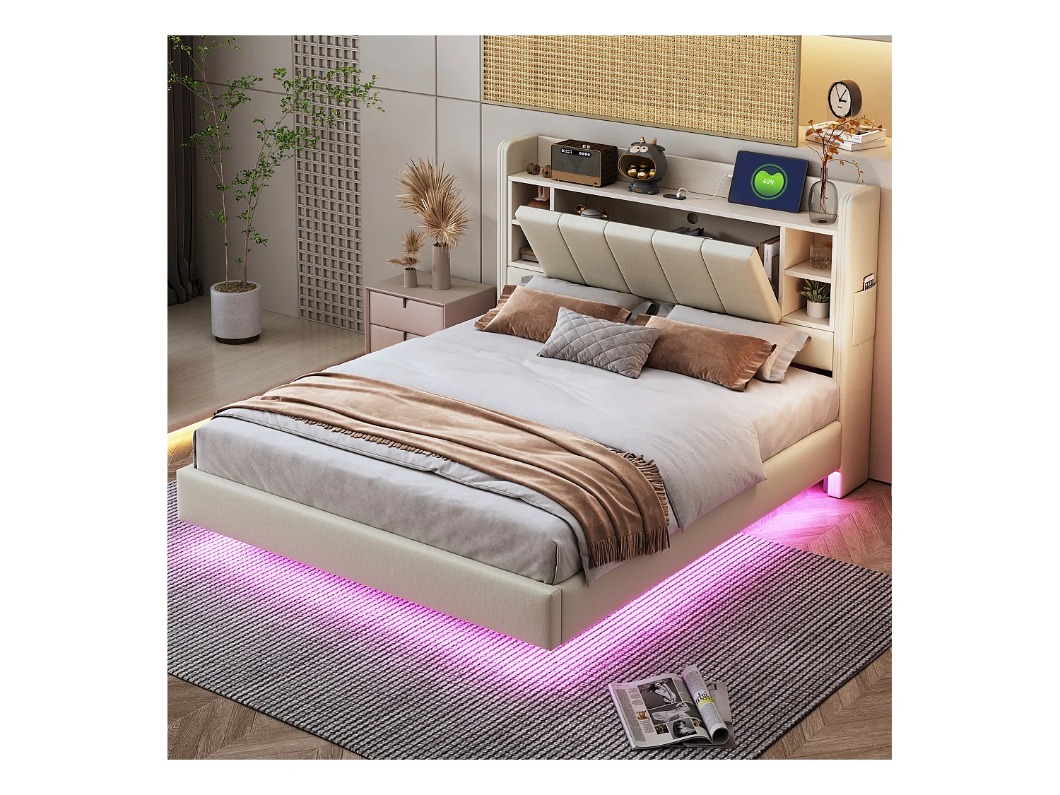 Lit 140x200 cm avec USB, lumière LED, tête de lit réversible avec étagères et rangement, cadre en métal, tissu lin beige (214.5x145x114 cm)