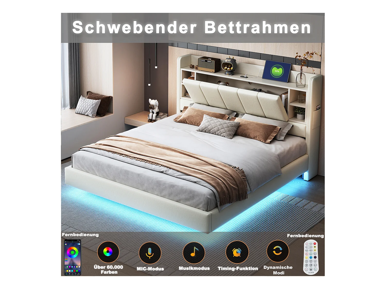 Lit 140x200 cm avec USB, lumière LED, tête de lit réversible avec étagères et rangement, cadre en métal, tissu lin beige (214.5x145x114 cm)