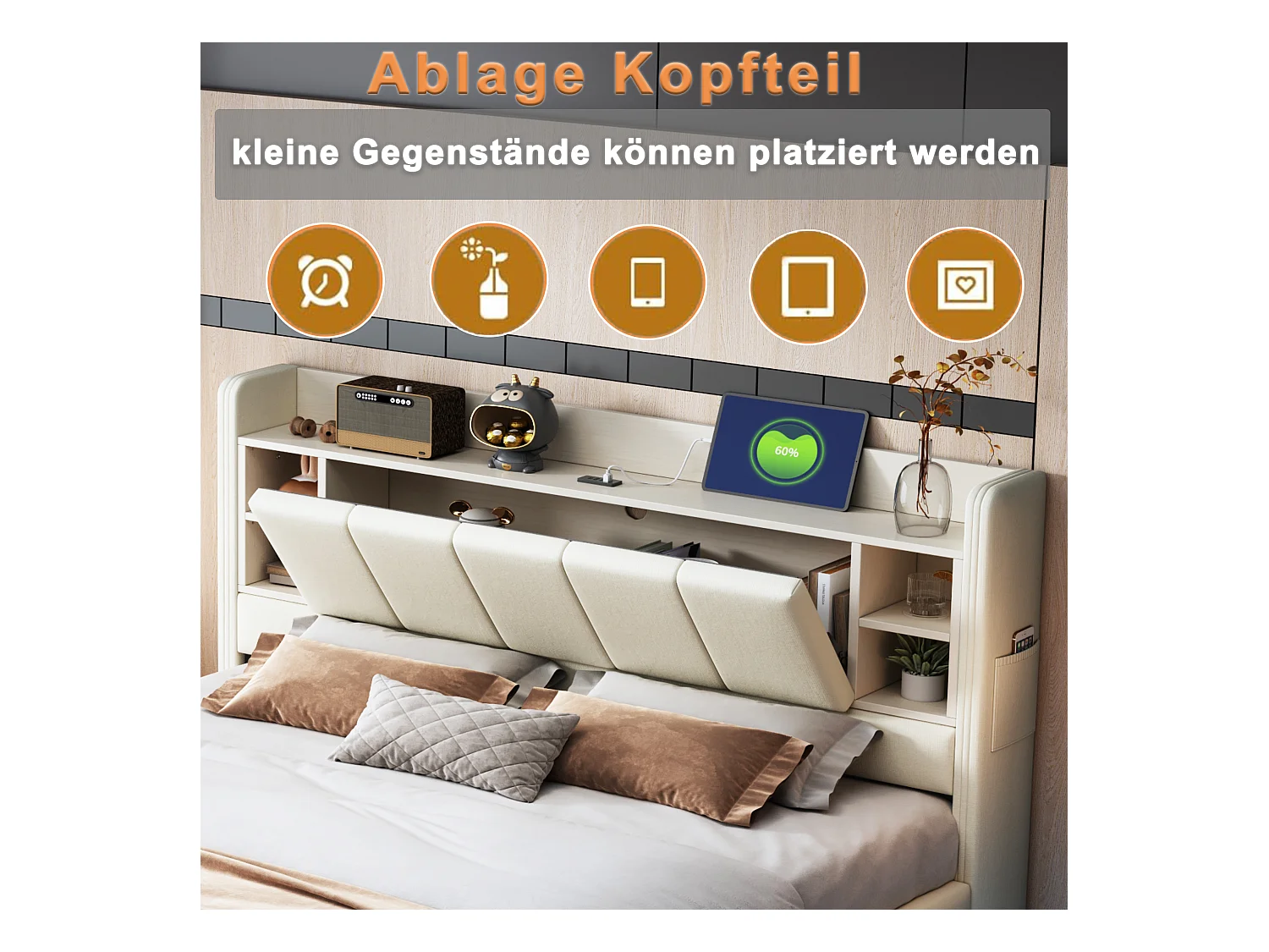 Lit 140x200 cm avec USB, lumière LED, tête de lit réversible avec étagères et rangement, cadre en métal, tissu lin beige (214.5x145x114 cm)