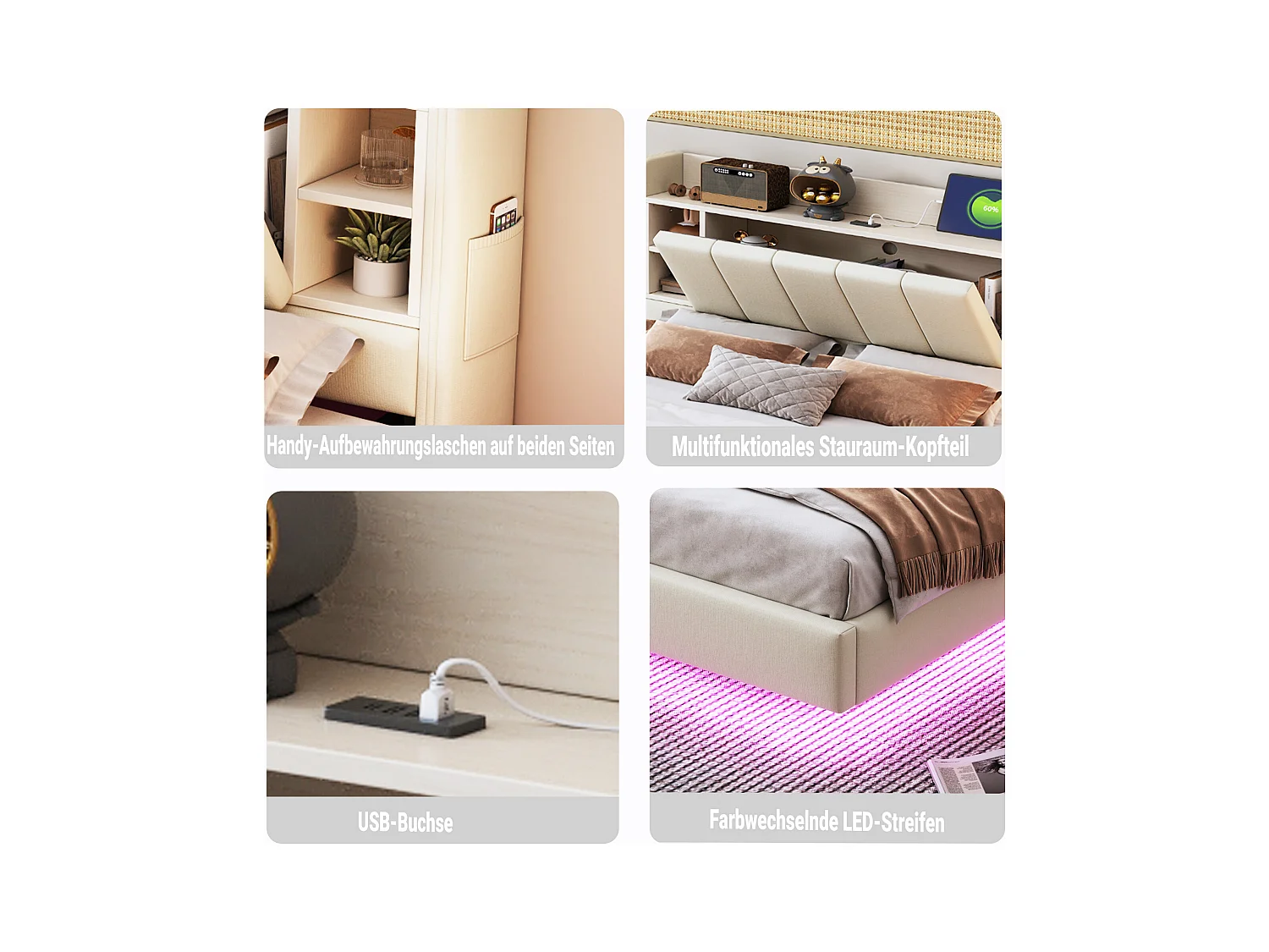 Lit 140x200 cm avec USB, lumière LED, tête de lit réversible avec étagères et rangement, cadre en métal, tissu lin beige (214.5x145x114 cm)