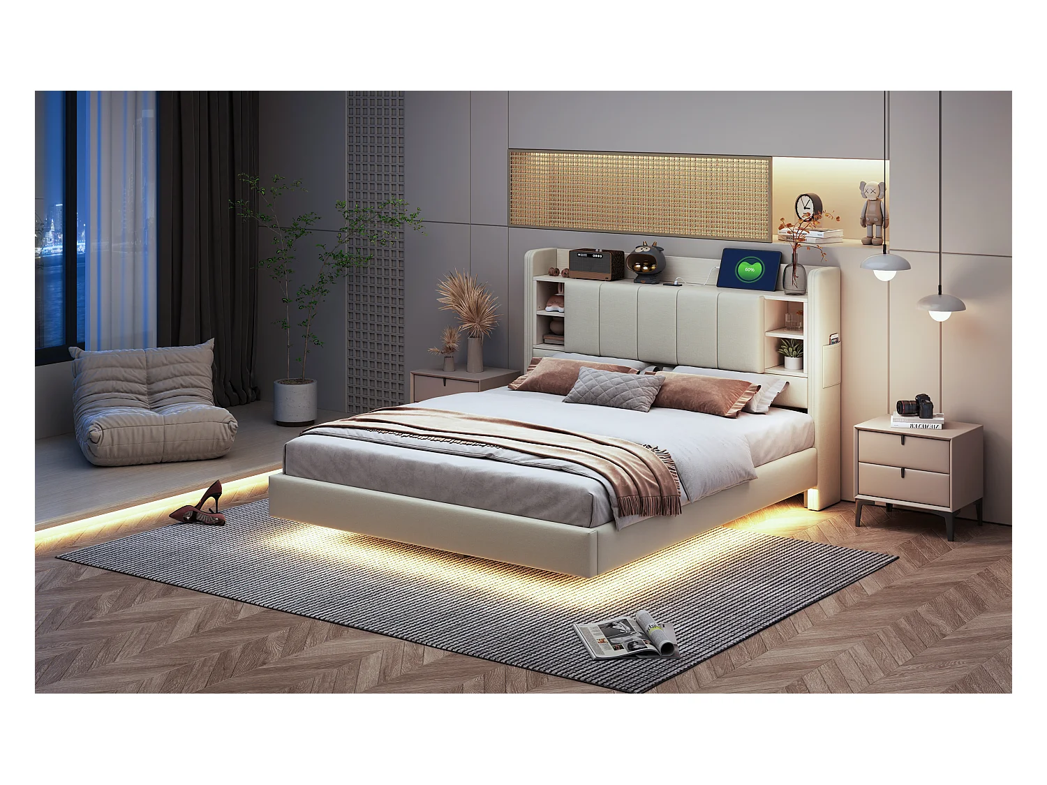 Lit 140x200 cm avec USB, lumière LED, tête de lit réversible avec étagères et rangement, cadre en métal, tissu lin beige (214.5x145x114 cm)