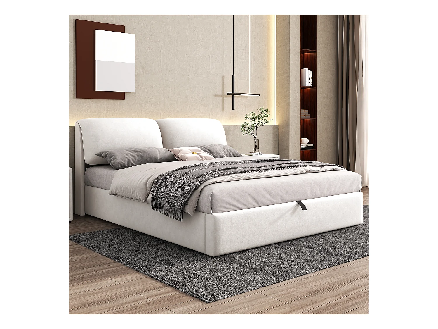 Lit avec coffre de rangement, hydraulique, 3 tiroirs, tête de lit en velours, Beige, (180x200 cm)