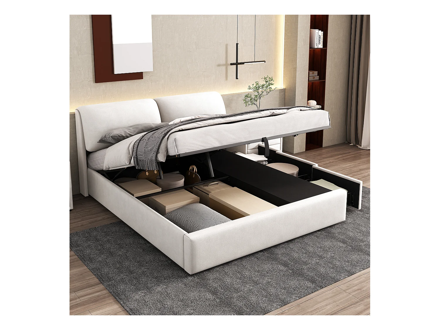 Lit avec coffre de rangement, hydraulique, 3 tiroirs, tête de lit en velours, Beige, (180x200 cm)