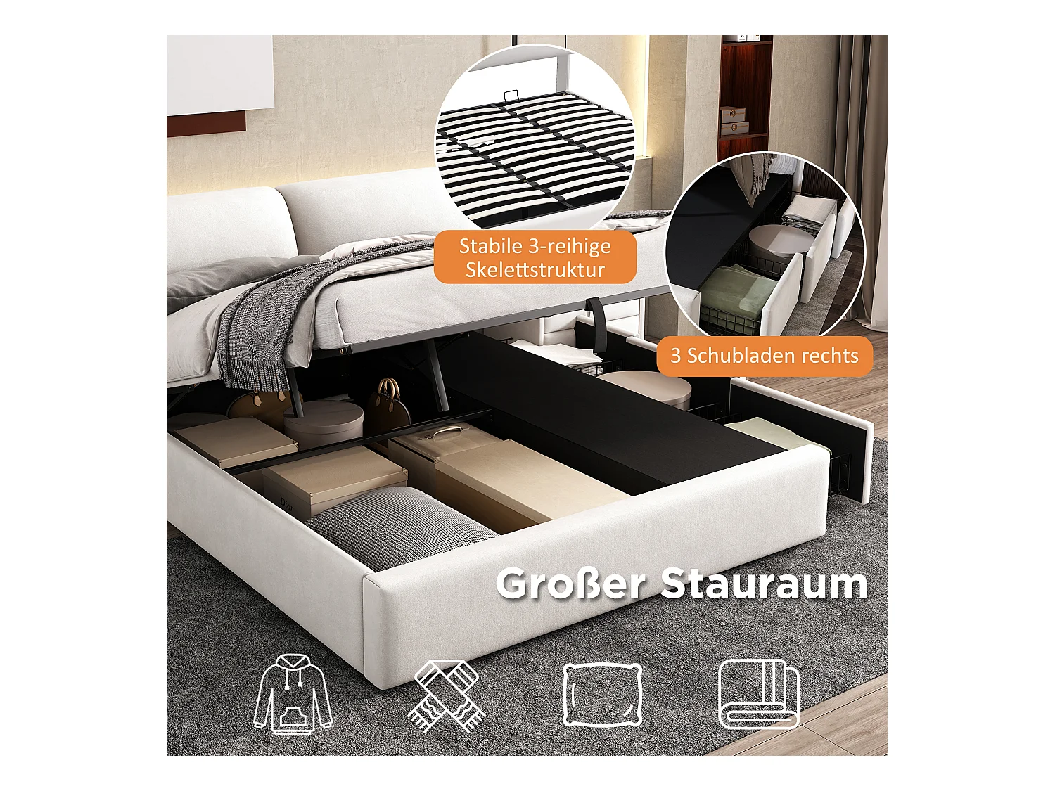 Lit avec coffre de rangement, hydraulique, 3 tiroirs, tête de lit en velours, Beige, (180x200 cm)