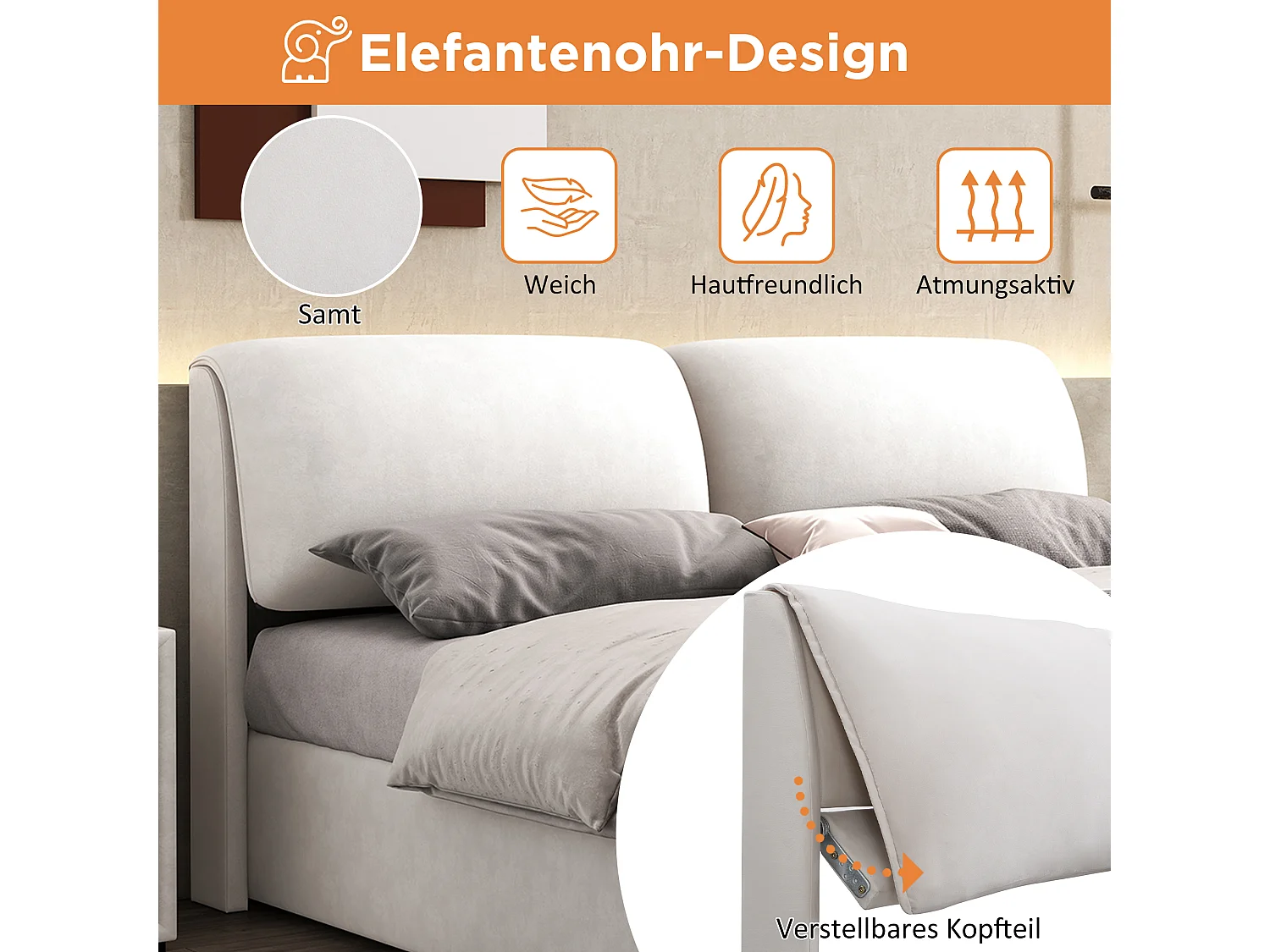 Lit avec coffre de rangement, hydraulique, 3 tiroirs, tête de lit en velours, Beige, (180x200 cm)